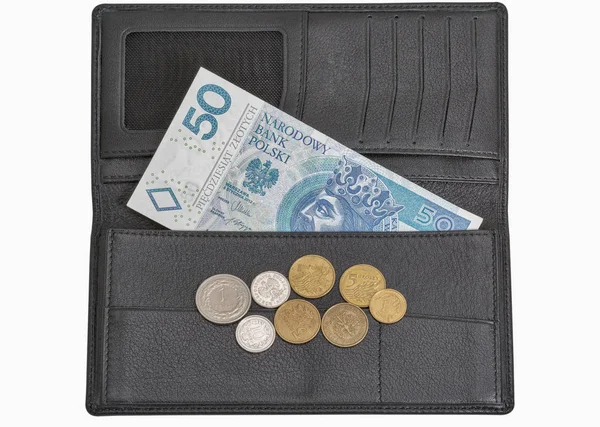 Poolse zloty rekeningen en munten in portefeuille geïsoleerd op wit — Stockfoto