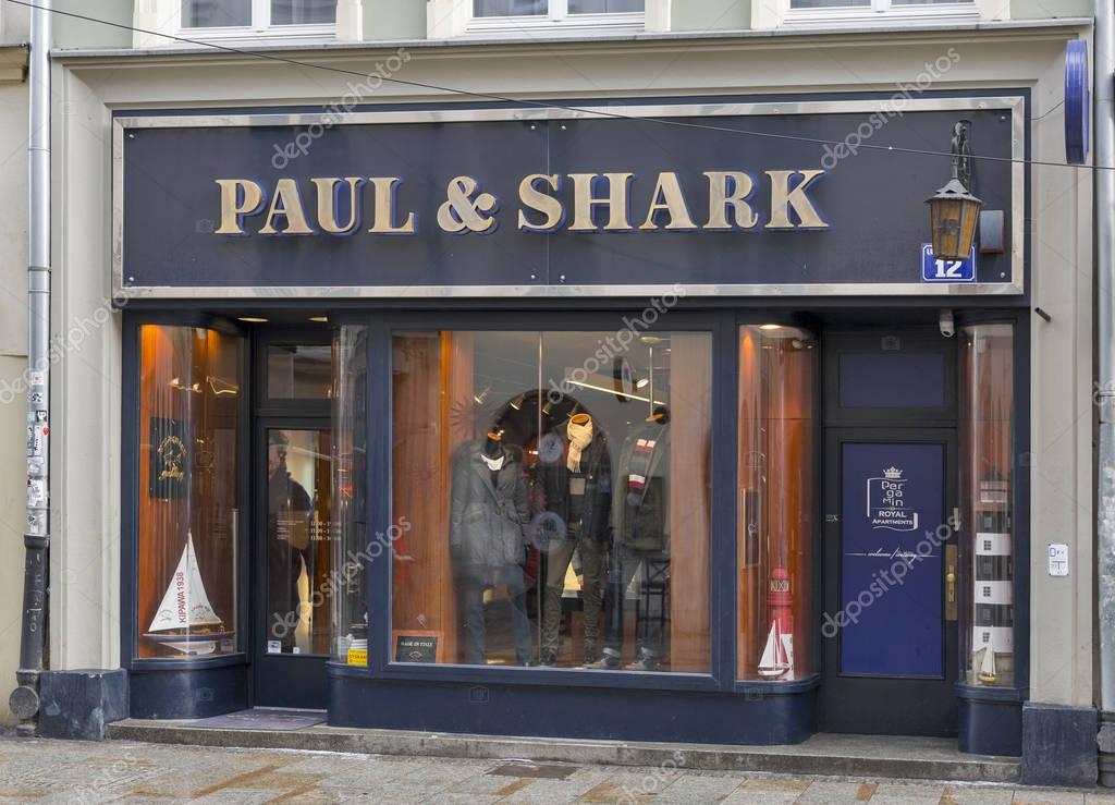 KRAKOW, POLAND - JANUARY 12, 2017: Paul and Shark store window. Founded in 1976 by the Italian Dini family, Paul and Shark is a brand leader of luxury and casual sportswear for men and women.