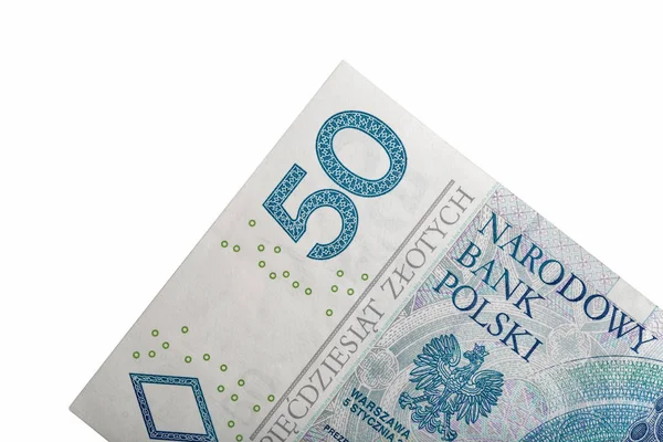 Billete de dinero polaco cincuenta macro zloty aislado en blanco —  Fotos de Stock