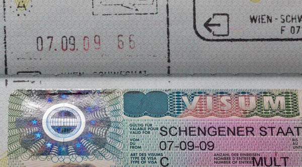 Schengen macro visto no passaporte — Fotografia de Stock