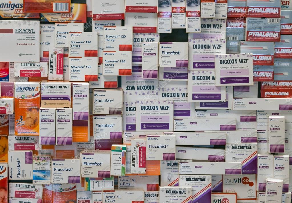 WARSAW, POLAND - MARCH 07, 2015: Boxes of different Rx and OTC drugs of Polish companies Polfa, Polpharma and Medana closeup. The companies deals in generic medications and medical devices.