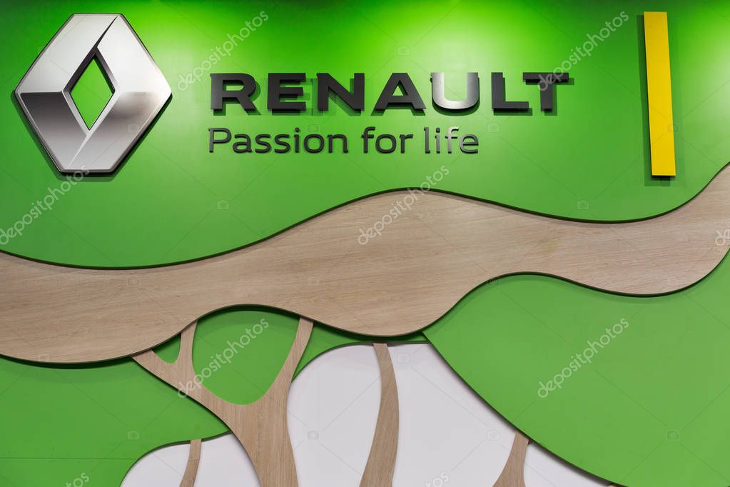 KIEV, UKRAINE - APRIL 07, 2017: Renault hybrid car booth closeup at 2nd International Trade Show of Electric and Hybrid Vehicles Plug-In Ukraine in KyivExpoPlaza venue.