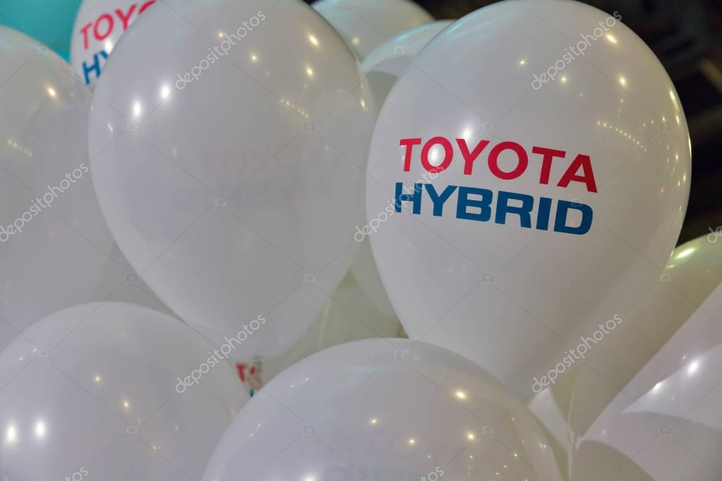 KIEV, UKRAINE - APRIL 07, 2017: Ballons on Toyota RAV4 hybrid car booth closeup at 2nd International Trade Show of Electric and Hybrid Vehicles Plug-In Ukraine in KyivExpoPlaza venue.