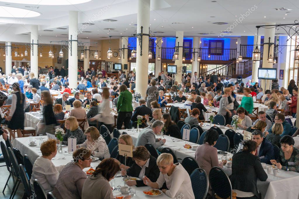 RAWA MAZOWIECKA, POLAND - MARCH 07, 2015: Participants have a lunch during International Congress European Educational Program organized by Polpharma pharmaceutical company in Hotel Ossa.