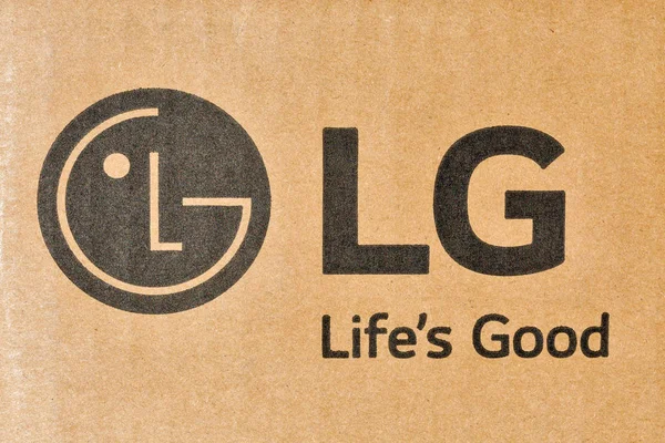 stock image LG company logo on carton box closeup.