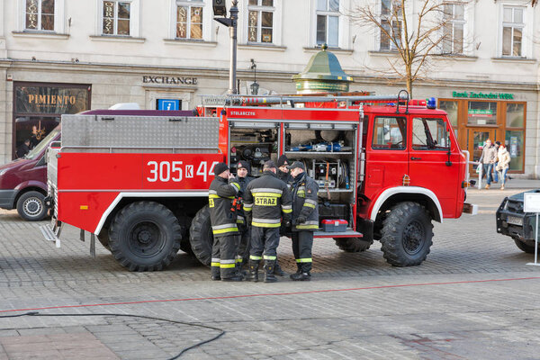 Firefighters in the center of Krakow, Poland.