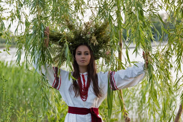 Beautiful girl in embroidery shirt and wreath of wild flowers. — Stock Photo, Image