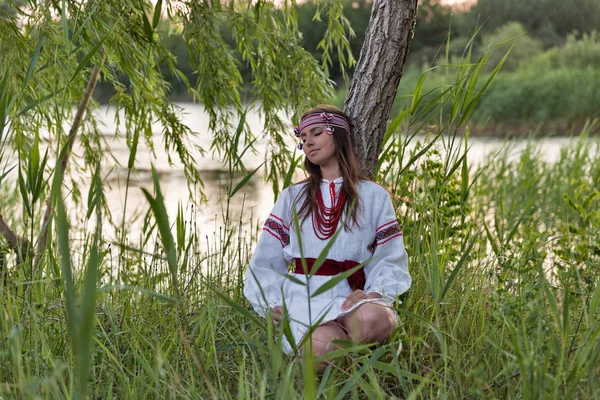 Beautiful young girl in Ukrainian embroidery dress. — Stock Photo, Image