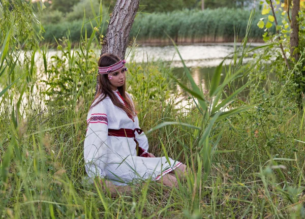 Beautiful young girl in Ukrainian embroidery dress. — Stock Photo, Image