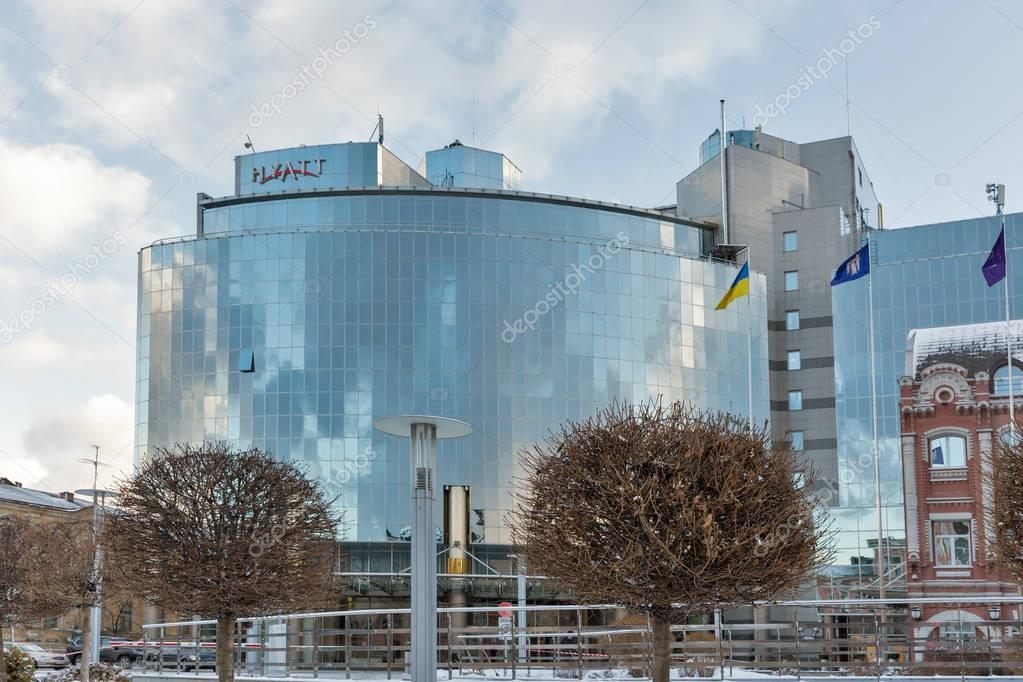 KIEV, UKRAINE - JANUARY 03, 2017: Sophia Square with Hyatt Hotel facade in winter. Hyatt Hotels Corporation is an American international company and operator of hotels.