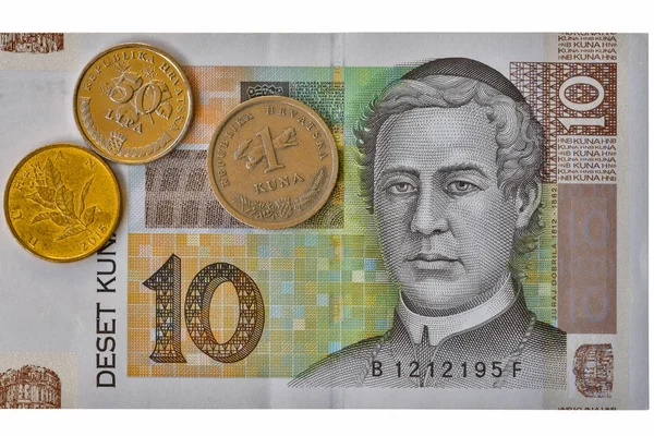 Croatian currency note 10 Kuna banknote macro and coins — Stock Photo, Image