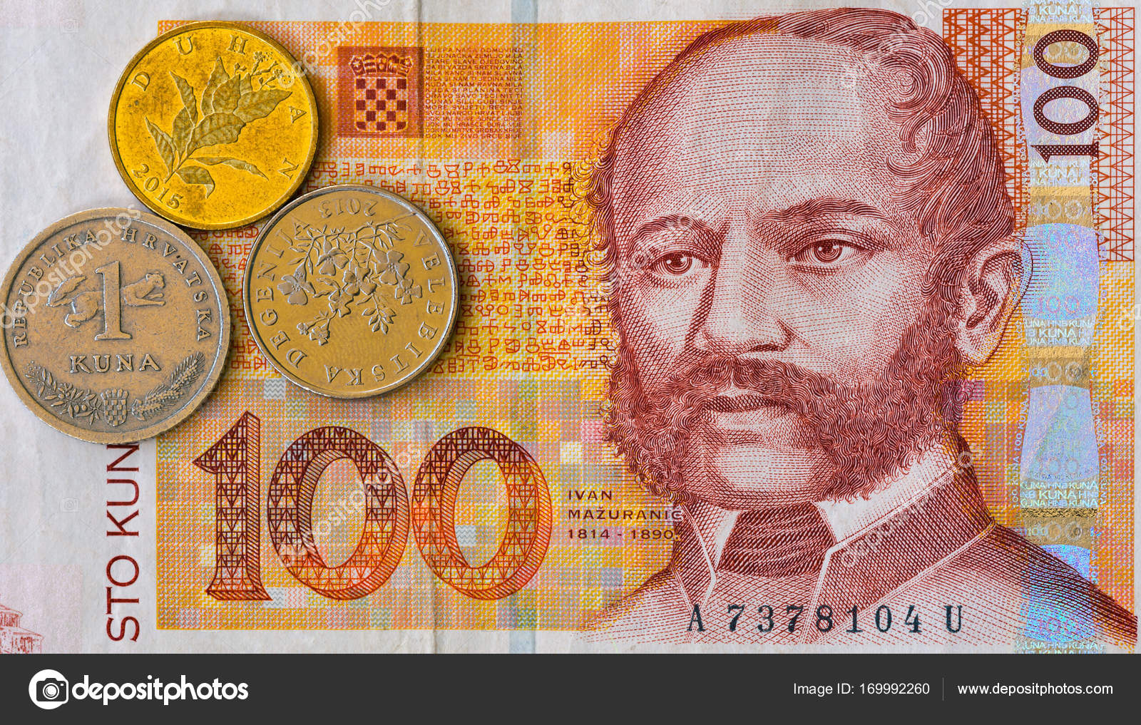 クロアチア通貨注 100 クナ紙幣と硬貨マクロ — ストック編集用写真©panama7#169992260