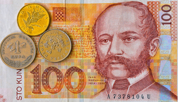 Croatian currency note 100 Kuna banknote and coins macro