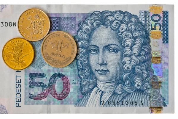 Chorvatský měna Poznámka 50 Kuna bankovek makro izolovaných, přední strana — Stock fotografie