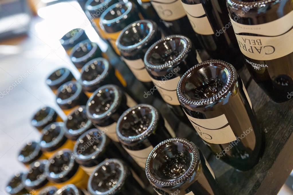 KOPER, SLOVENIA - SEPTEMBER 21, 2017: Capris bela sparkling wine sale in Vinakoper winery shop. Vinakoper produce top quality wines in wine growing region of Slovenian Istria since 1947.