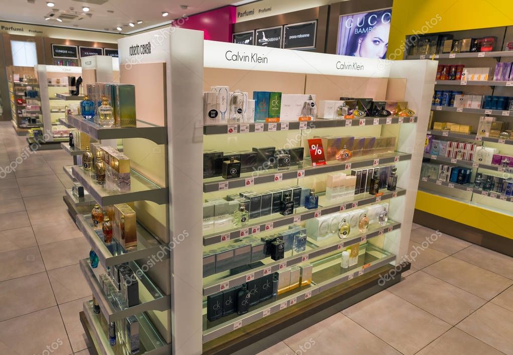 SKOFIJE, SLOVENIA - SEPTEMBER 21, 2017: Calvin Klein and Roberto Cavalli perfumery store shelf in Travel Free bordershop. It is a highway retail outlet on the border between Slovenia and Italy.