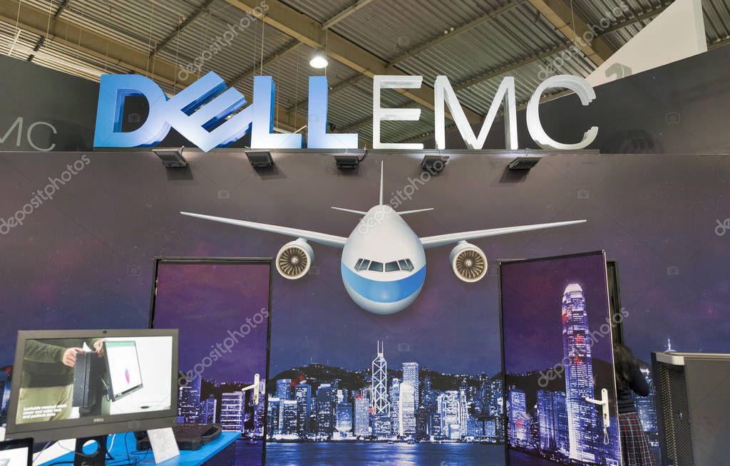 KIEV, UKRAINE - OCTOBER 07, 2017: Dell Emc, an American data storage company booth during CEE 2017, the largest electronics trade show of Ukraine in KyivExpoPlaza EC.
