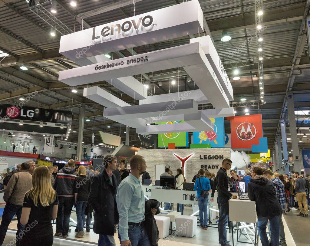 KIEV, UKRAINE - OCTOBER 07, 2017: Unrecognized people visit Lenovo, a Chinese multinational technology company booth during CEE 2017, the largest electronics trade show of Ukraine in KyivExpoPlaza EC.