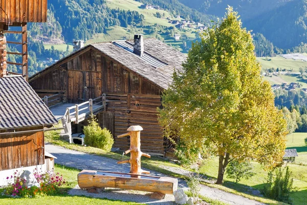 Bac à eau pour animaux de ferme dans le village de montagne des Alpes — Photo