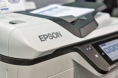 Epson Fotokopi makinesi closeup sırasında Cee 2017 Kiev, Ukrayna
