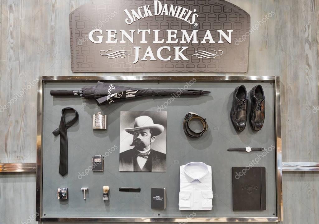 KIEV, UKRAINE - NOVEMBER 25, 2017: Jack Daniels Gentleman Jack Tennessee straight bourbon whisky booth at 3rd Ukrainian Whisky Dram Festival in Parkovy Exhibition Center.