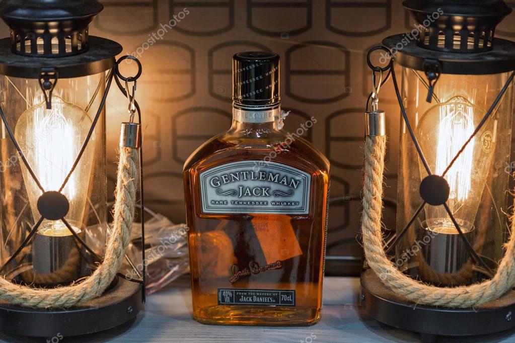KIEV, UKRAINE - NOVEMBER 25, 2017: Jack Daniels Gentleman Jack Tennessee straight bourbon whisky booth at 3rd Ukrainian Whisky Dram Festival in Parkovy Exhibition Center.