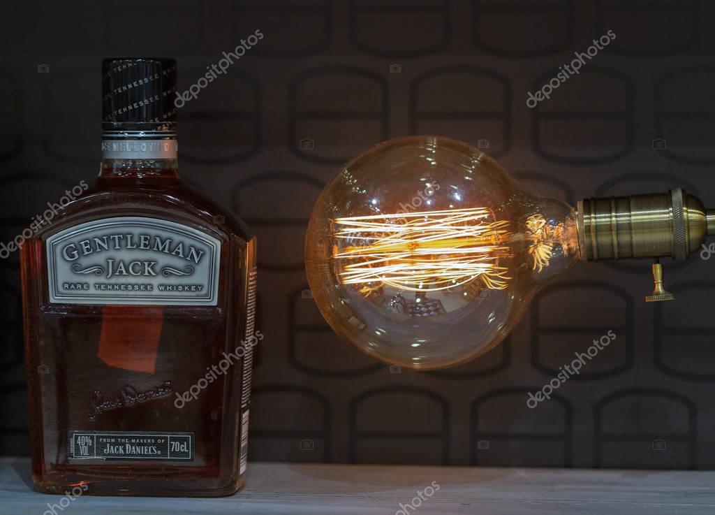 KIEV, UKRAINE - NOVEMBER 25, 2017: Jack Daniels Gentleman Jack Tennessee straight bourbon whisky booth at 3rd Ukrainian Whisky Dram Festival in Parkovy Exhibition Center.