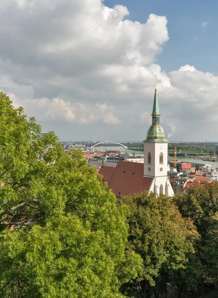 Panoráma města Bratislava s katedrála sv. Martina a Dunaj řekou, Slovensko. — Stock fotografie