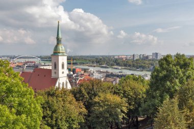 Bratislava cityscape ile St Martin Katedrali ve Tuna Nehri, Slovakya.