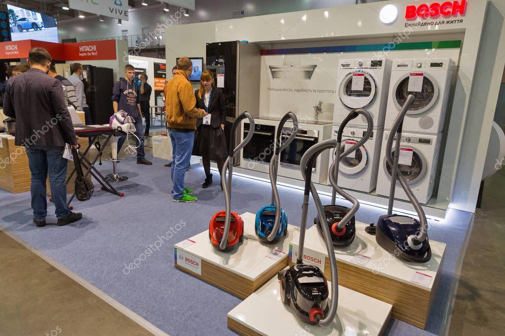 KIEV, UKRAINE - OCTOBER 07, 2017: People visit Bosch, a German multinational engineering and electronics company booth during CEE 2017, largest electronics trade show of Ukraine in KyivExpoPlaza EC.
