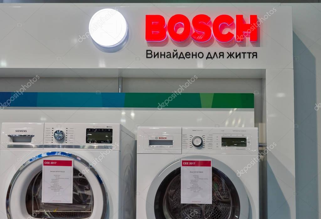 KIEV, UKRAINE - OCTOBER 07, 2017: Bosch Siemens, a German multinational engineering and electronics company booth during CEE 2017, largest electronics trade show of Ukraine in KyivExpoPlaza EC.