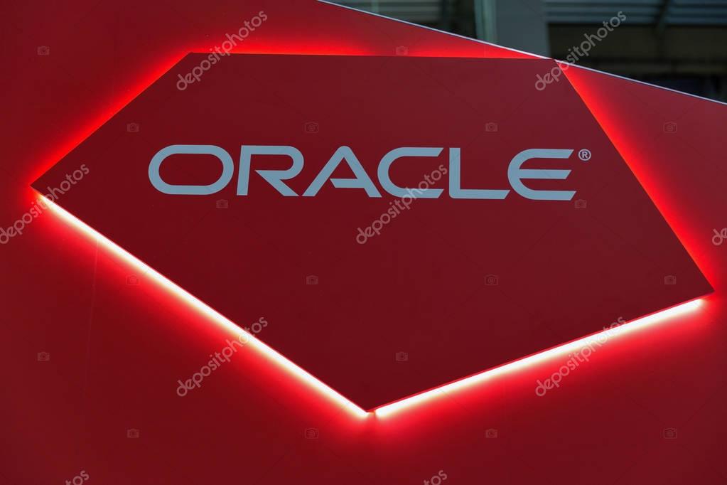 KIEV, UKRAINE - OCTOBER 07, 2017: Oracle logo closeup, American multinational computer technology corporation booth during CEE 2017, largest electronics trade show of Ukraine in KyivExpoPlaza EC.