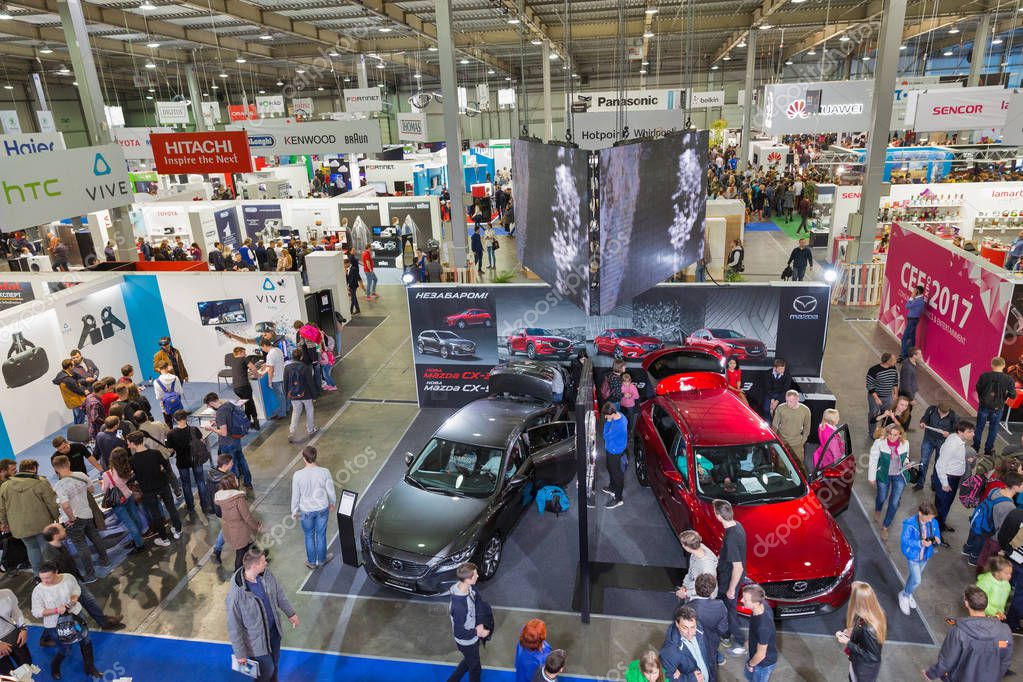 KIEV, UKRAINE - OCTOBER 07, 2017: People visit CEE 2017, the largest consumer electronics trade show of Ukraine in ExpoPlaza Exhibition Center.