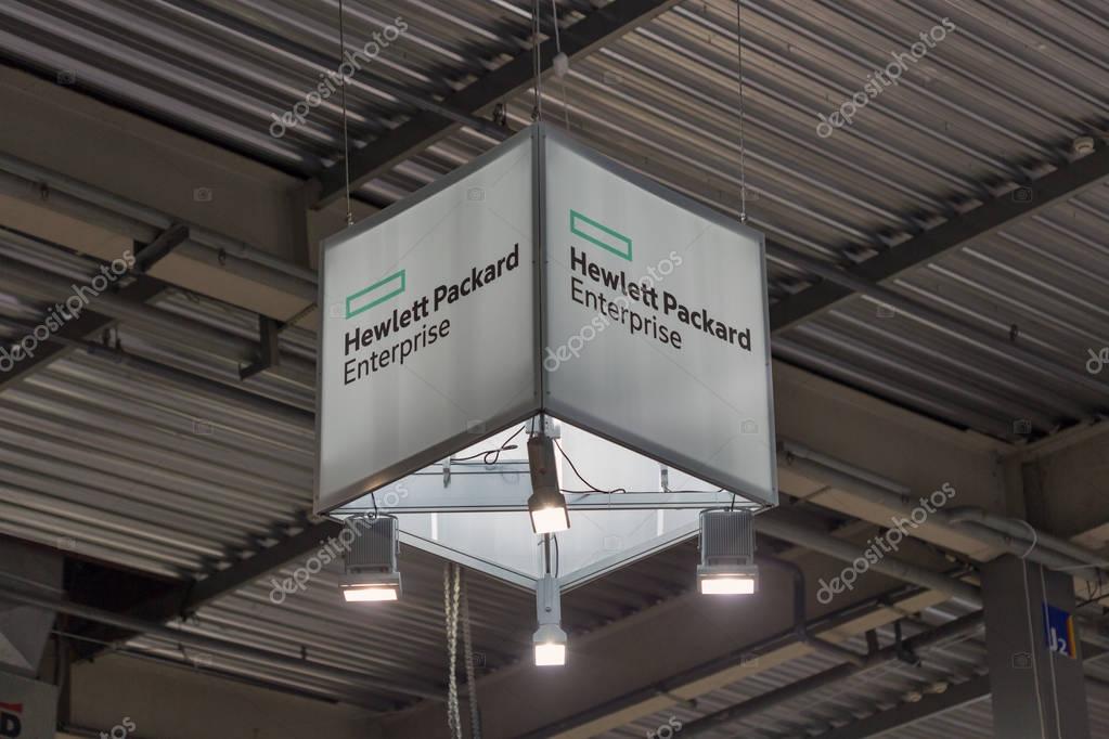 KIEV, UKRAINE - OCTOBER 08, 2017: Hewlett-Packard Enterprise logo, American information technology company booth at CEE 2017, the largest consumer electronics trade show of Ukraine in KyivExpoPlaza EC