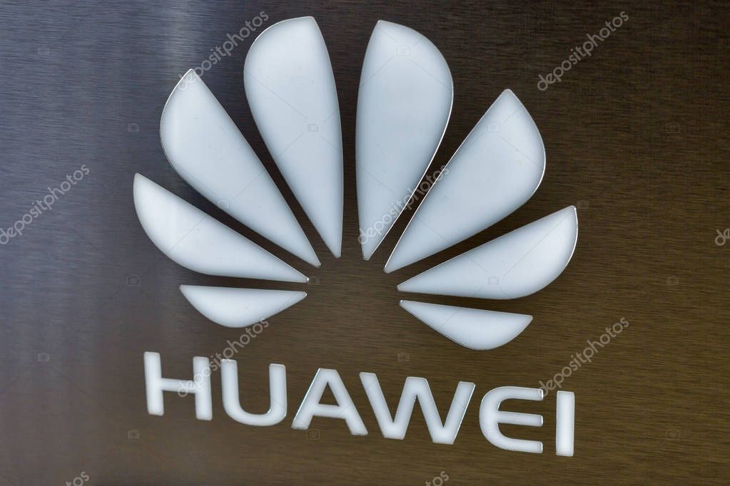 KIEV, UKRAINE - OCTOBER 08, 2017: Huawei logo at South Korean multinational corporation booth during CEE 2017, the largest consumer electronics trade show of Ukraine in KyivExpoPlaza EC.