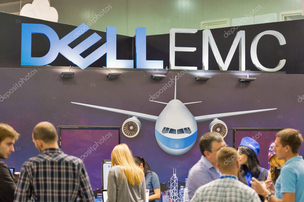 KIEV, UKRAINE - OCTOBER 08, 2017: People visit Dell Emc, an American data storage company booth during CEE 2017, the largest consumer electronics trade show of Ukraine in KyivExpoPlaza EC.