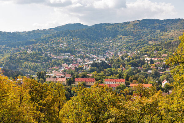 Banska Stiavnica autumn townscape with medieval Old Castle and New Castle, Slovakia. UNESCO World Heritage Site.