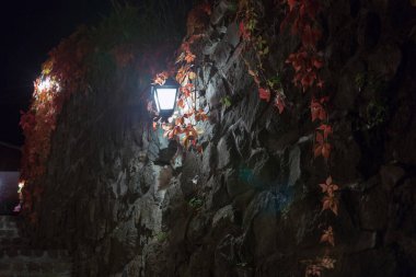 Gece Ortaçağ merdiven ve sokak ışıkları ile karanlık manzara