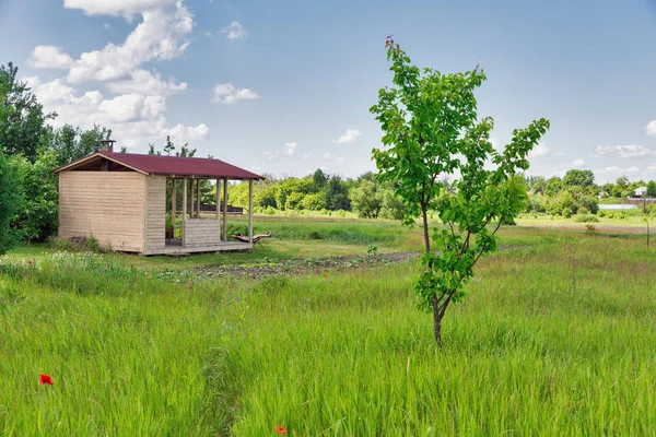 Letní venkovská krajina s dřevěným pavilonem — Stock fotografie