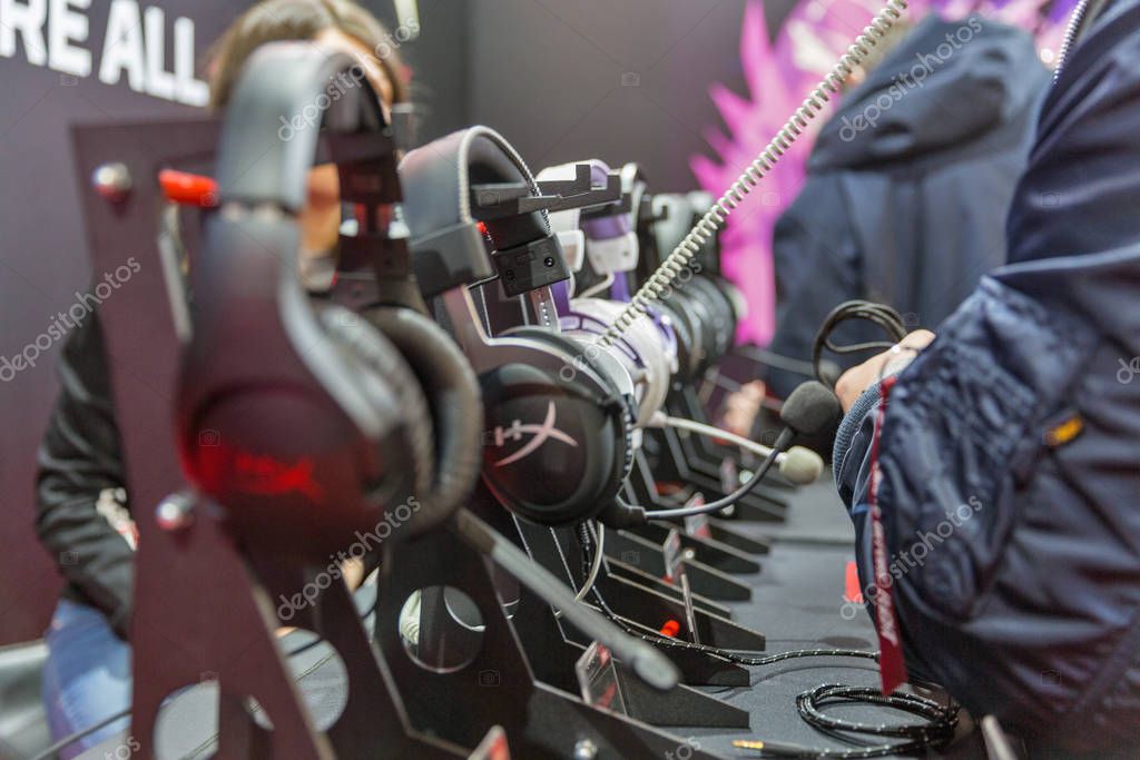 KYIV, UKRAINE - APRIL 06, 2019: HyperX, a division of the American company Kingston Technology, booth during CEE 2019, the largest electronics trade show of Ukraine in Tetra Pack EC.