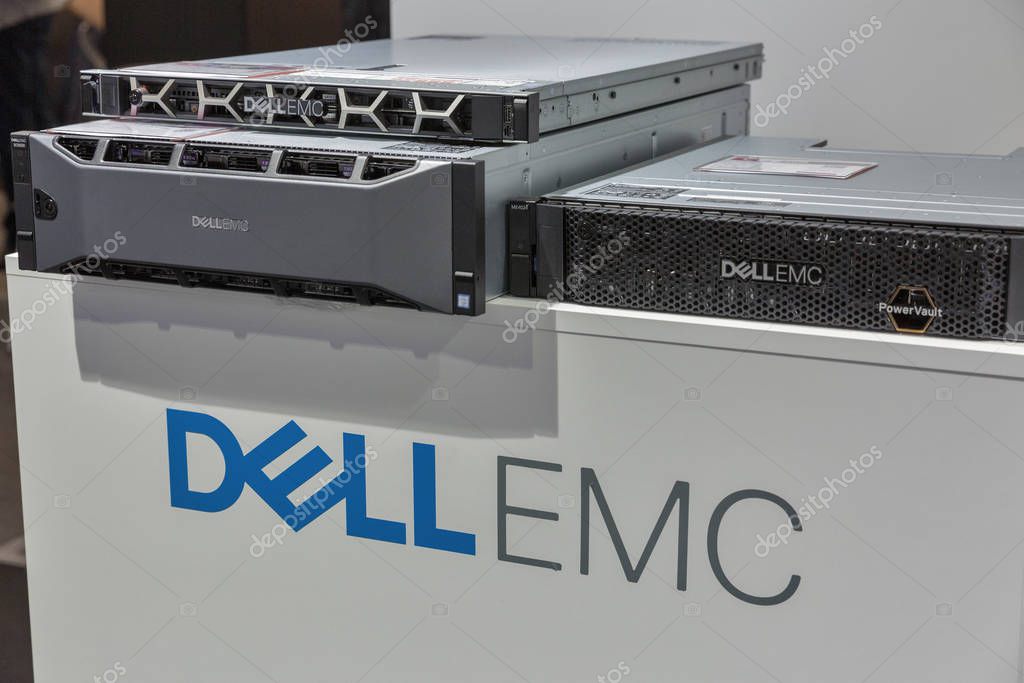 KYIV, UKRAINE - APRIL 06, 2019: Dell Emc, American data storage company servers closeup on booth during CEE 2019, the largest electronics trade show of Ukraine in Tetra Pack EC.