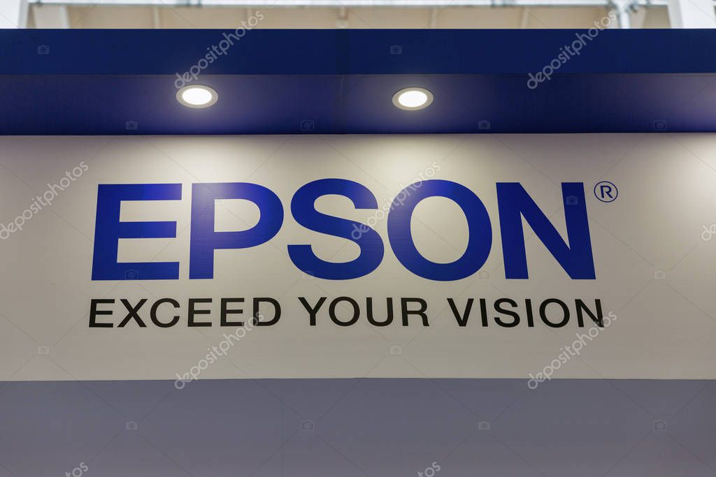 KYIV, UKRAINE - APRIL 06, 2019: Epson, Japanese electronics company, world largest manufacturer of computer printers booth at CEE 2019, the largest electronics trade show of Ukraine.