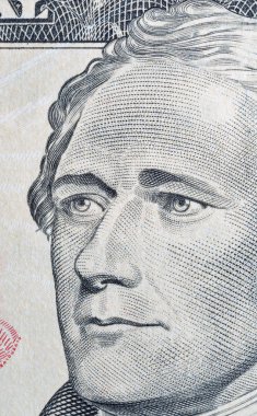 Portrait of the US President Hamilton on ten dollar banknote macro