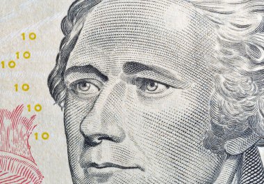 Portrait of the US President Hamilton on ten dollar banknote macro