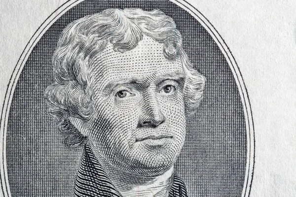 Portrait of the third US President Thomas Jefferson on two dollar bill macro — Stok fotoğraf