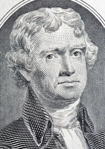 Portrait of the third US President Thomas Jefferson on two dollar bill macro — ストック写真