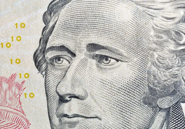 Portret prezydenta Hamiltona na makro banknotów 10-dolarowych — Zdjęcie stockowe