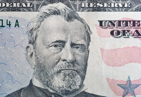 Presidente de EE.UU. Grant retrato en billete de cincuenta dólares macro — Foto de Stock