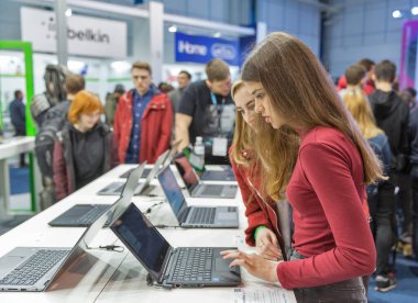 KYIV, UKRAINE - APRIL 13, 2019: People visit Acer, a Taiwan based international computer company booth during CEE 2019, largest electronics trade show of Ukraine in Tetra Pack EC.