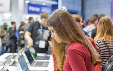 KYIV, UKRAINE - APRIL 13, 2019: People visit Acer, a Taiwan based international computer company booth during CEE 2019, largest electronics trade show of Ukraine in Tetra Pack EC.